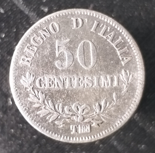 M459 Italia Moneda 50 Cent Año 1863 Turín Km# 14.3 Plata