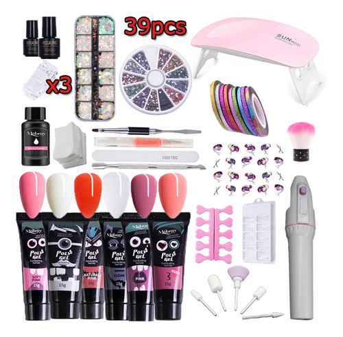 Set De Decoración De Uñas Poli Gel De 39 Piezas, Lámpara Uv,