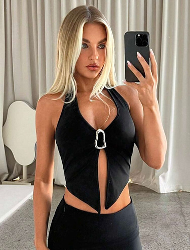 Crop Top Mariposa Negro Hebilla Plateada Importado Shein