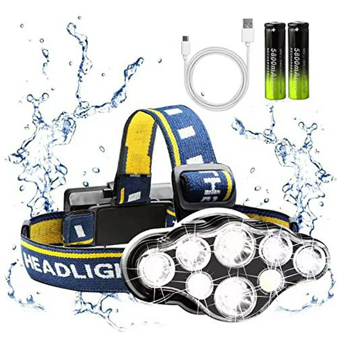 Linterna Frontal Recargable, 8 Led 18000 Lúmenes Superbrilla