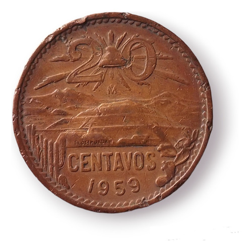 Moneda 20 Centavos Cobre Teotihuacán Fecha Clave 1959