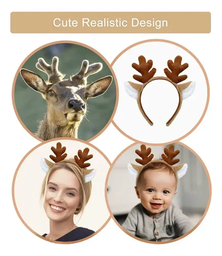 Diadema De Cuernos De Reno Con Tatuajes Faciales Temporales – Set Navideño De Felpa Corta, Marrón, Para Fiestas Y Cosplay