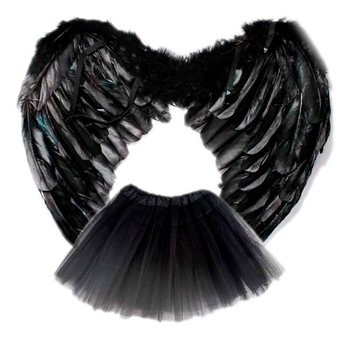 Disfraz Angel Negro Alas Plumas + Tutú Adulto Halloween