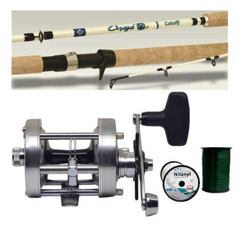 Combo Pesca Reel Rotativo Grande + Caña 15-45lbs 2.30 Metros