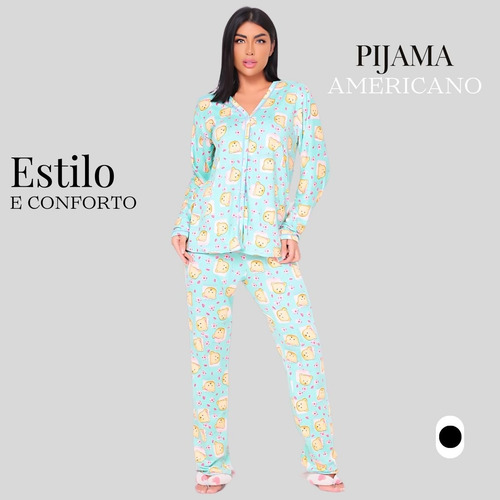 Pijama De Frio Feminino Americano Com Botão Macio Em Suede