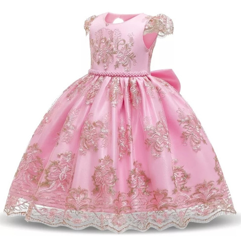 Vestido Princesa Elegante Niña Rosa Chicle Dorado Fiesta