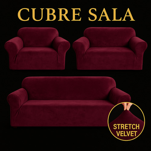 Funda Elastica Terciopelo Para Sala Juego 1-2-3 Plazas Vino Terciopelo