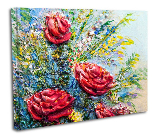 Cuadro Lienzo Canvas 50x60cm Pintura Tipo Oleo Rosas Rojas