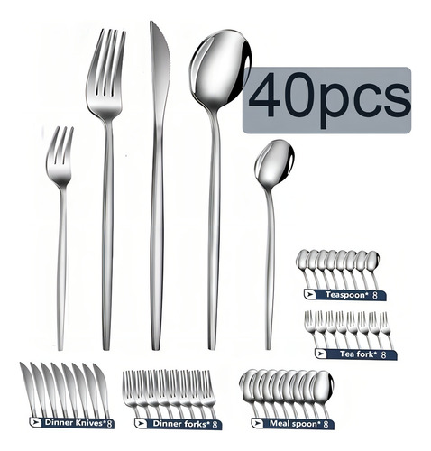 Juego De 40 Cuchillos, Tenedores Y Cucharas De Acero Inoxidable Plateado