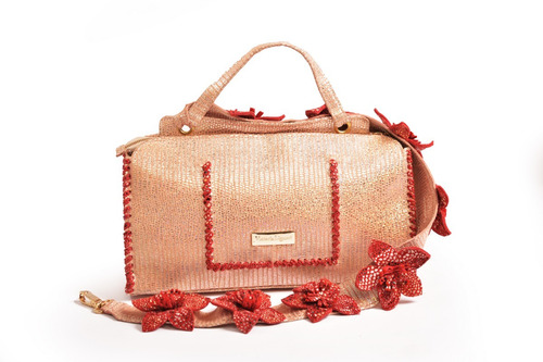 Cartera De Cuero Dorado Rosa Con Flores