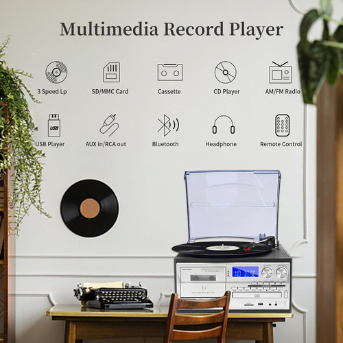 Reproductor De Vinilo Con Tocadiscos Y Reproductor 9 En 1 Co