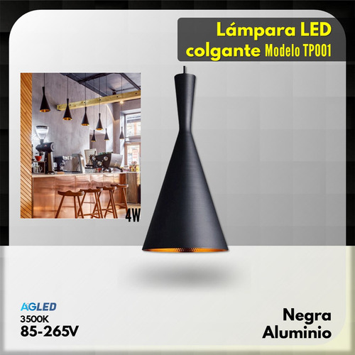Lampara Led Colgante 4w Negra 3500k 85-265v Aluminio Tp001