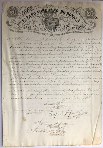 Estado De Boyacá 20 Centavos Papel Sellado Antiguo 1883 - 84