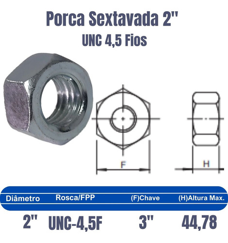 02 Porca Sextavada Ferro Zincada 2 X 4,5f Rosca Grossa Unc