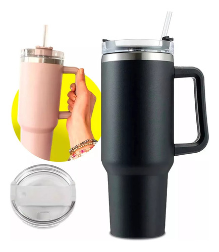 1 Copo Caneca Térmico Inox Canudo Preto Alça 1200ml Preto 1pcs