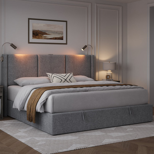 Base De Cama King Size Con 2 Luces De Lectura Color Gris