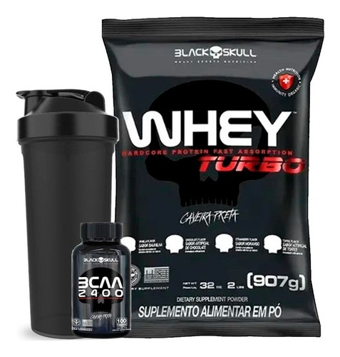 Whey Protein Concentrado Turbo 907g + Bcaa 2400- Black Skull Sabor Morango