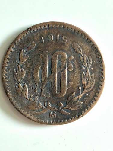 Moneda 10 Centavos Monograma 1919 Fecha Escasa Cobre. Env Gr