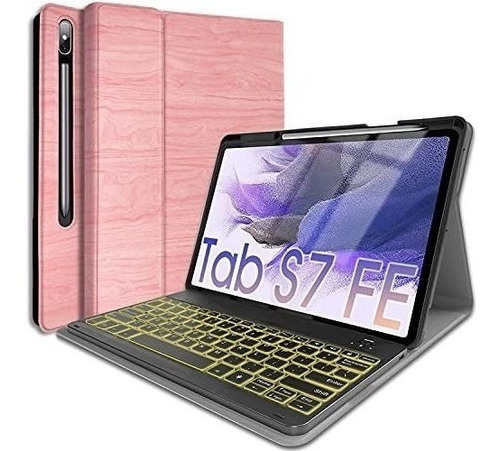 Funda + Teclado Con Iluminacion Para Samsung Tab S7 Fe Rosa