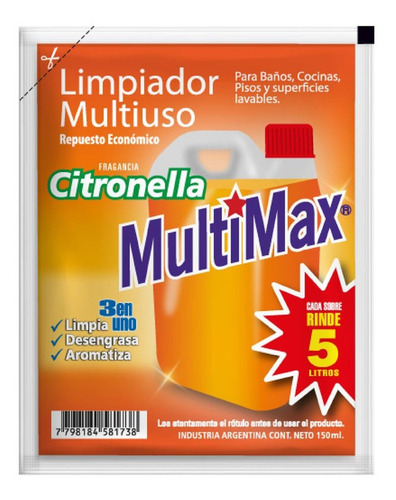 Limpiador Multimax Citronella Diluir Rinde 5 Litros X 150ml