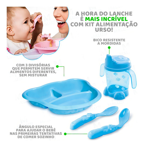 Kit Alimentação Infantil 3 Compartimentos Azul Ursinho