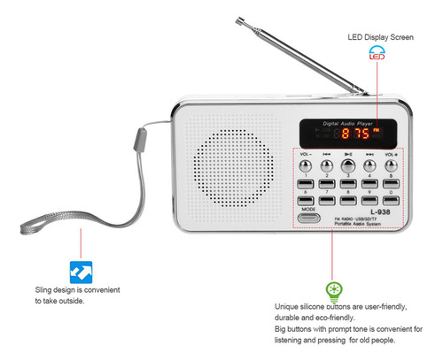 M L-938 Mini Fm Radio Digital Portátil 3w Bocina Estéreo Mp3