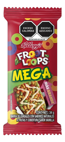 Kellogg's Froot Loops Mega Barra de Cereal Sabor a Frutas y Cobertura Sabor Vainilla 1 Caja de 32 Piezas 34 gr cada unidad