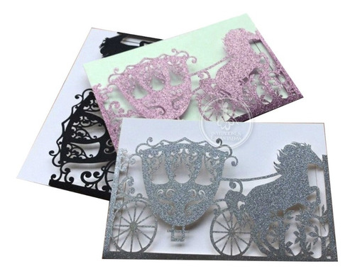 30 Invitacion Sobre Corte Laser Glitter Sh 1318-08 Carruaje