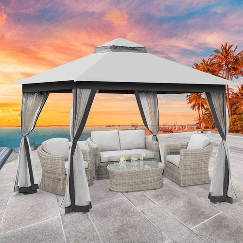 Gazebo 10x10 Gris Con Toldo Impermeable Y Sacos De Arena