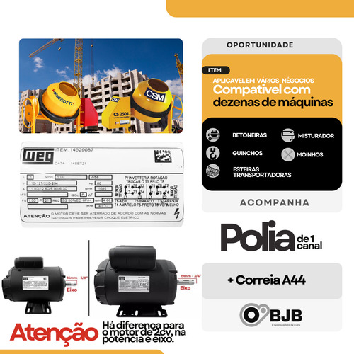 Motor Weg Elétrico 1cv Monofásico 1hp C/ + Polia E Correia
