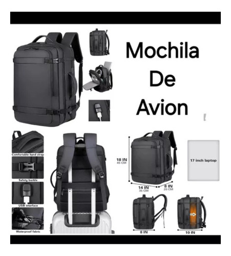 Mochila De Viaje Avion Viral Amazon Con Usb 35lts Expandible Negro Liso