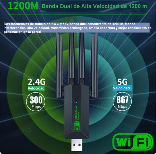 Adaptador Usb Wifi 1200mbps Banda Dual 2,4g + 5ghz 4 Antenas