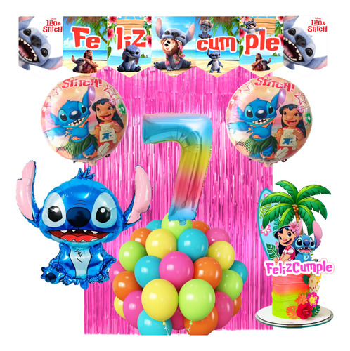 Kit Globos Lilo Y Stitch Hawái Banderin Toppers Numero 70cm Multicolor Número 7