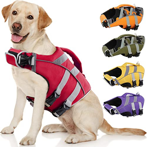 Dog Life Jacket With Reflective Stripes, Adjustable Hig...