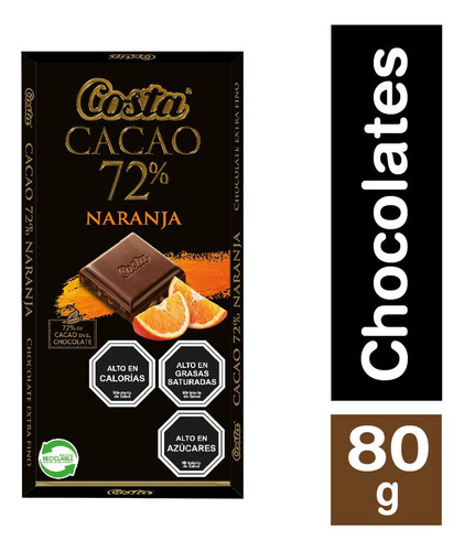 Costa Chocolate Cacao 72% Naranja 80 Gr