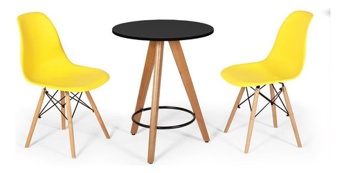 Mesa Redonda Aline 70cm Preta Com 2 Cadeiras Eames Eiffel Cor Amarelo