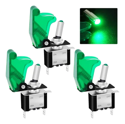 Boton De Palanca Switch On/off Led 12v 20a 3p C/tapa Verd 3u