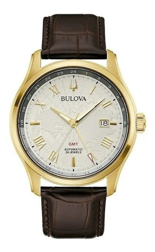 Reloj Bulova Wilton Gmt Original 97b210 Time Square Color de la correa Café Color del bisel Dorado Color del fondo Blanco