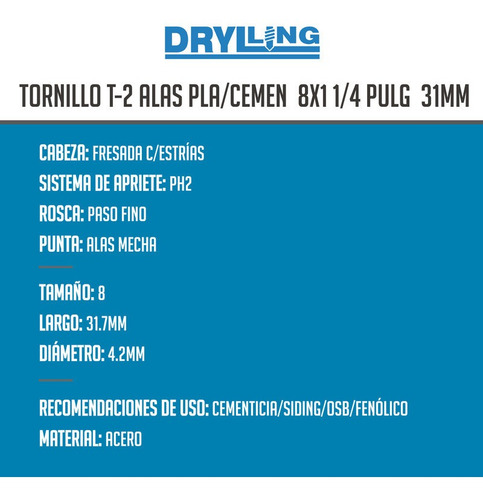 Tornillo Autoperforante Con Alas 8 X 1 1/4 Bolsa X 100