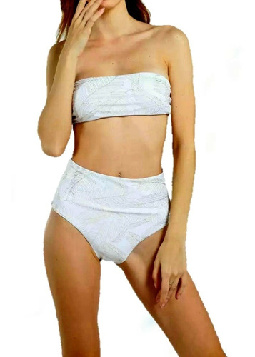 Bikini Top Bandeau Tiro Alto Blanco Con Dorado