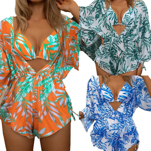 3 Piezas Trajes De Baño For Mujer Con Estampada Bikini+mono