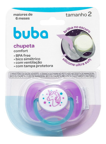 Buba  Infantil Night Brilha Escuro chupeta comfort tamanho 2 brilha no escuro unicórnio roxo e azul 