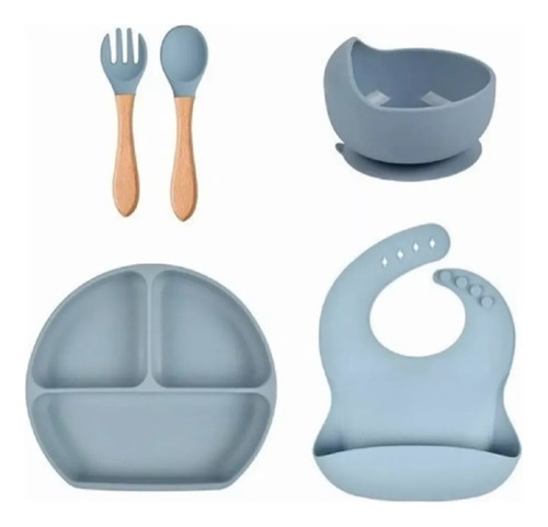 Set Vajilla Silicona Bebe Succión Plato 5 En 1 Sin Bpa Azul