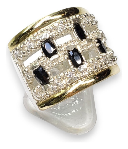 Anillo Plata Y Oro Muchas Piedras Cubic Y Negra