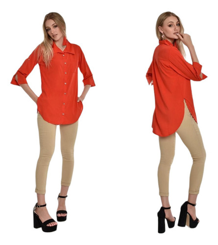 Imagen 6 de 10 de Camisa Larga Mujer Manga 3/4 Convertible A Corta Poplin
