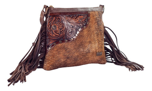 Bolsa tiracolo de couro cinzelado e enfeite de cabelo natural, cor de camelo, design de tecido de cabelo Catalina
