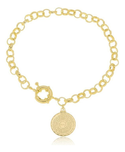 Pulseira Elo Português Com Pai Nosso Banhado A Ouro 18k