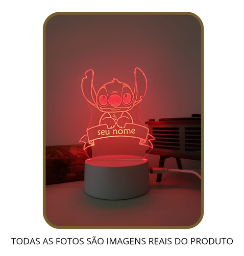 Luminária 3d Led 16 Cores Stitch Personalize Seu Nome Decora