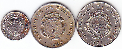 Costa Rica. 3 Monedas. 5 Ctvs. 1973 Y 25 Ctvs. 1965/72. (#)