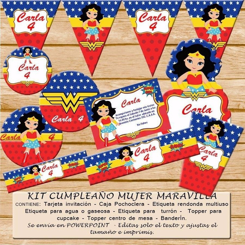 Kit Imprimible Editable Cumpleaños Mujer Maravilla